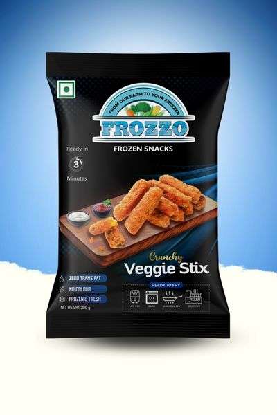 best frozen snacks packet of crispy veggie stics is placed at the centre with a blue background
