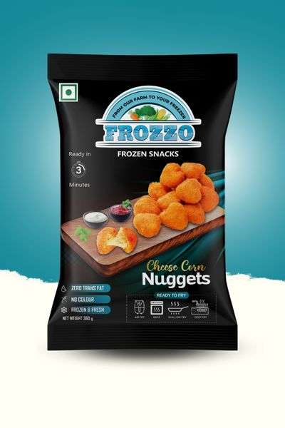 best frozen snacks packet of cheese corn nuggets is placed at the centre with a blue background