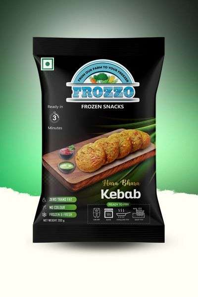 best frozen snacks packet of hara bhara veg kebab is placed at the centre with a olive green background