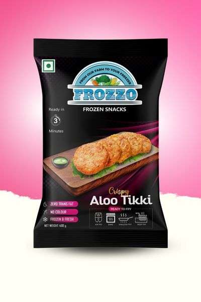 best frozen snacks packet of veg burger aloo tikki is placed at the centre with a pink background