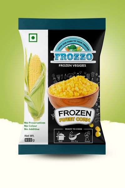 best frozen vegetables packet of sweet corn is placed at the centre with a green background