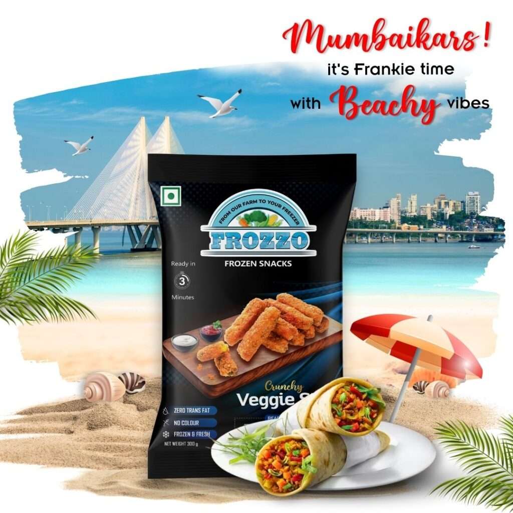 Frozen snacks veggie stix packet placed at a Mumbai juhu beach background